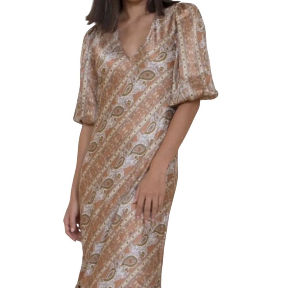 Gold Hawk Napa Ruffle Dress Capri Silk Maxi Size Small NWT $405 Boho Paisley